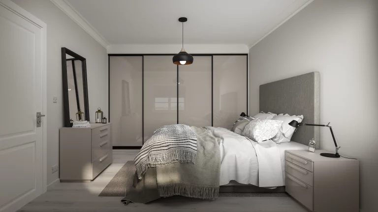 Curve frame in black gloss, stone grey glass doors and matt cashmere liners